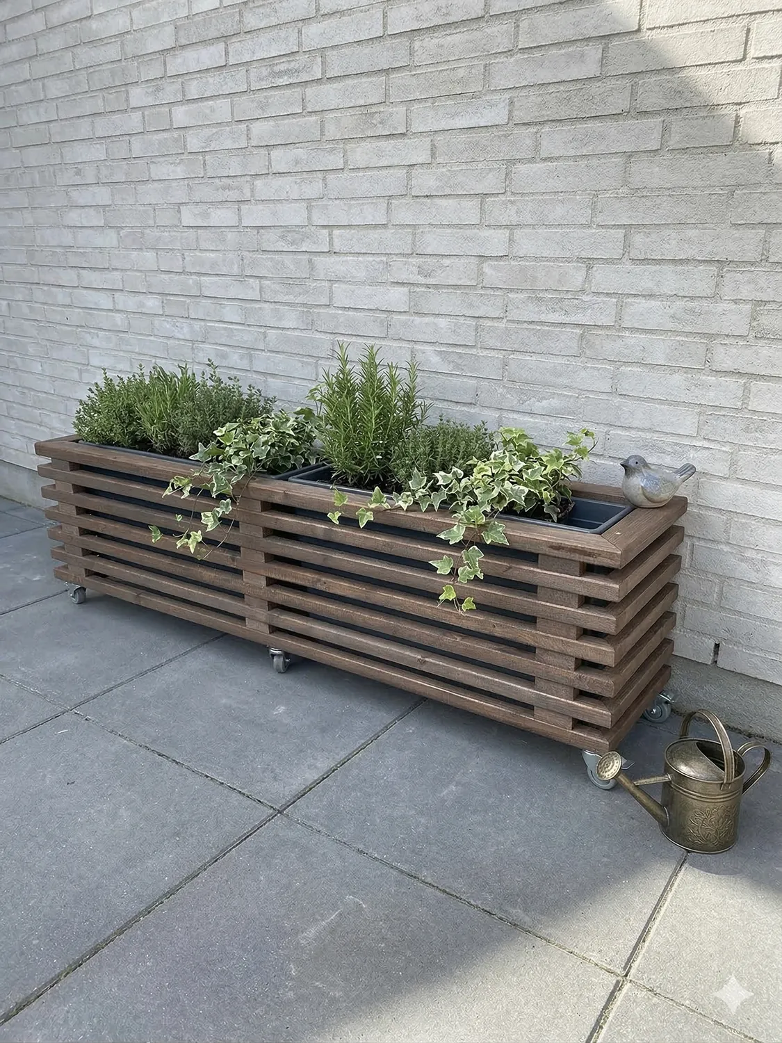 Kabeltromlen blomsterkasse 95 cm brunbejdset på hjul