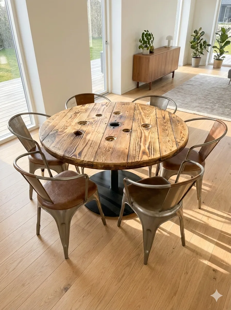 Kabeltromlen Rundt Spisebord spisebord Ø120 cm lakeret
