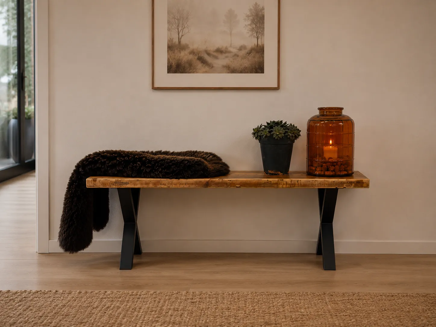 Kabeltromlen Bred Bænk Genbrugsplanker X-stel 137 cm lakeret