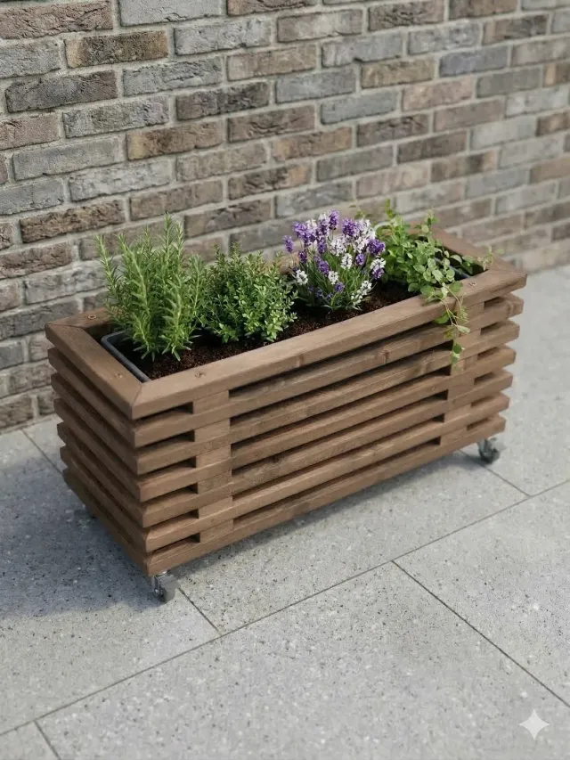 Kabeltromlen blomsterkasse 95 cm brunbejdset på hjul