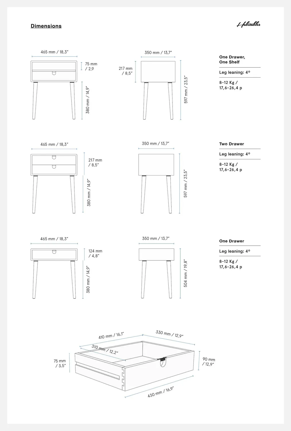 Habitables natbord marmor eg 46,5 cm 1 skuffe