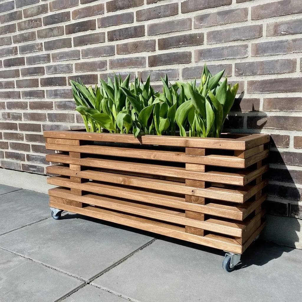 Kabeltromlen blomsterkasse 95 cm brunbejdset på hjul